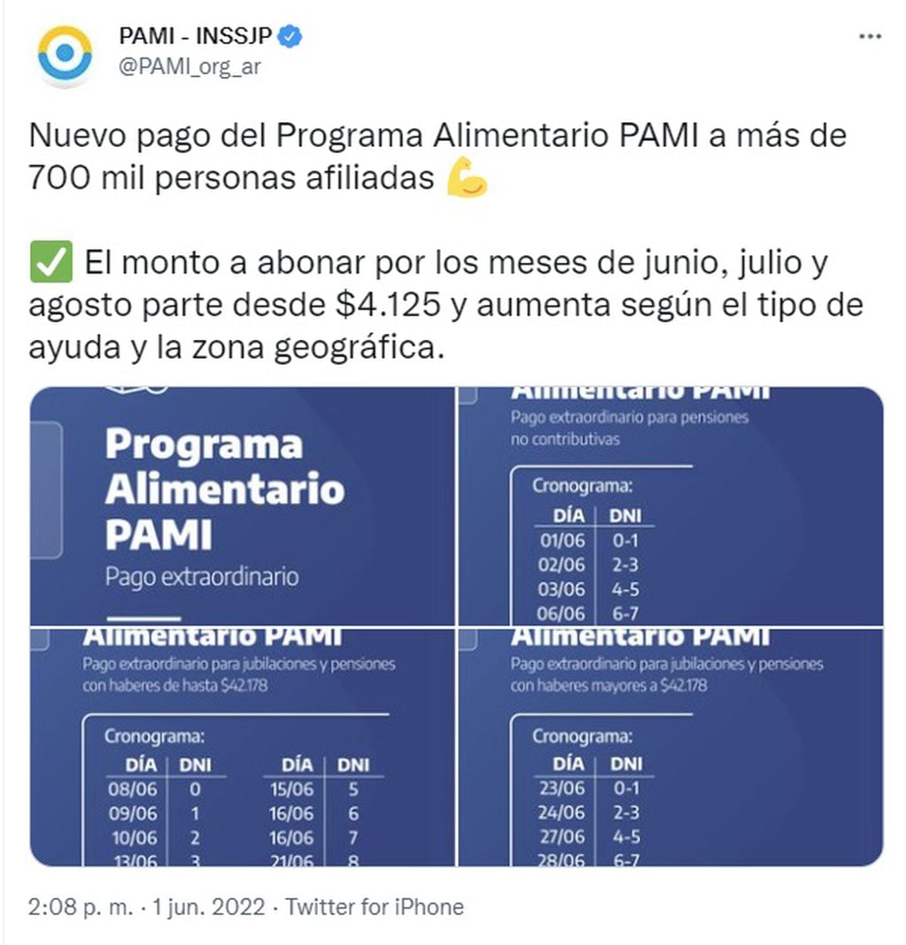 Pago del Programa Alimentario PAMI en junio de 2022 (Twitter)
