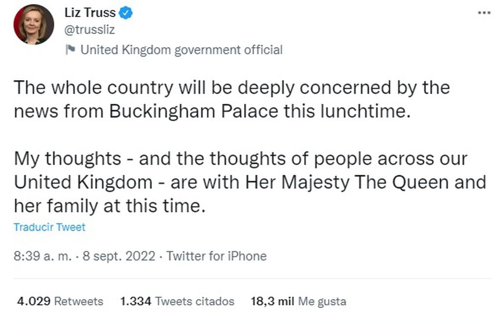 El mensaje de Liz Truss sobre la salud de la reina Isabel II (Twitter)