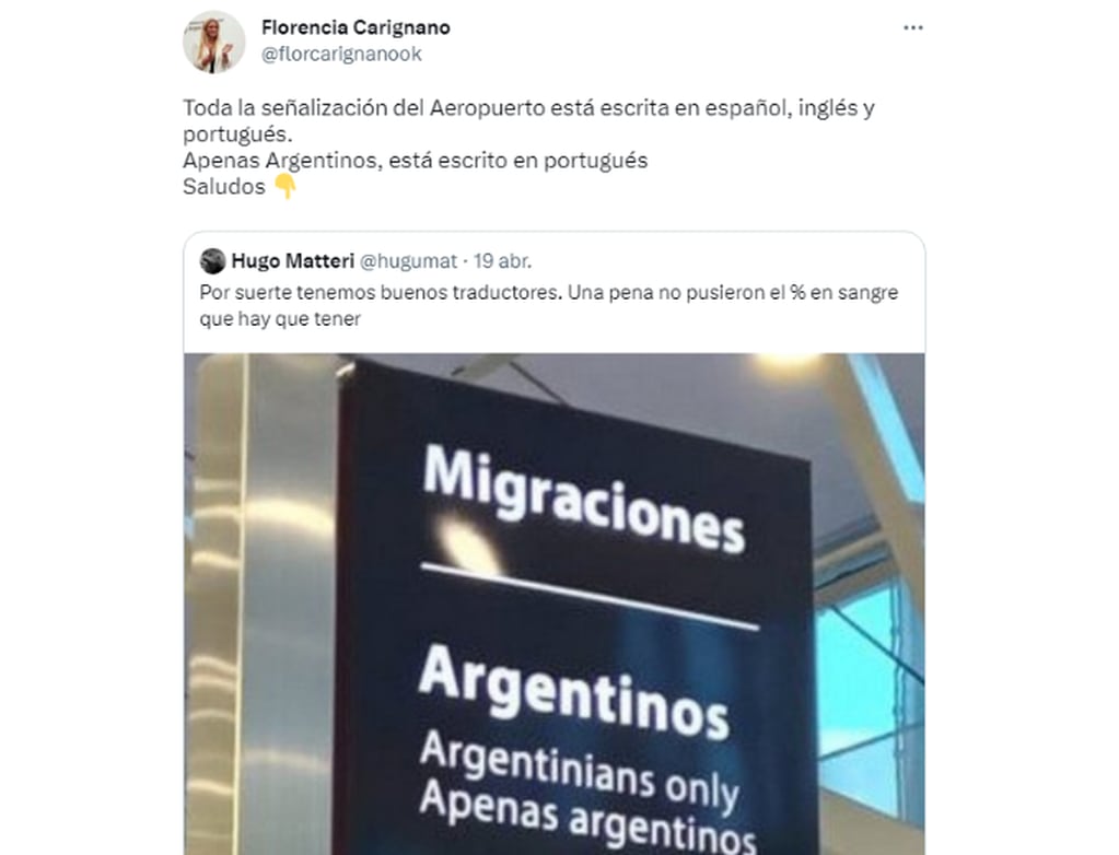 Tweet en el que Florencia Carignano aclara la confusión. Foto: Captura de twitter