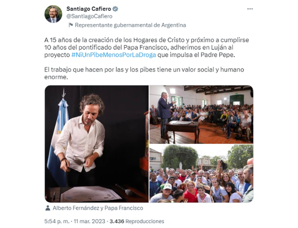 El tweet de Santiago Cafiero, Ministro de Relaciones Exteriores y Culto de la Nación.
Foto: Twitter.