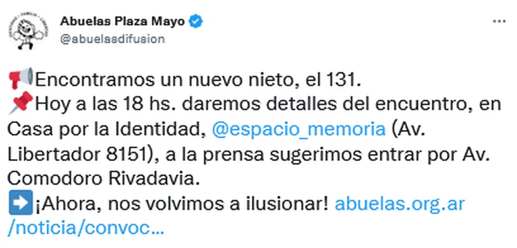 Abuelas de Plaza de Mayo confirmaron la recuperación del nieto 131. Twitter.