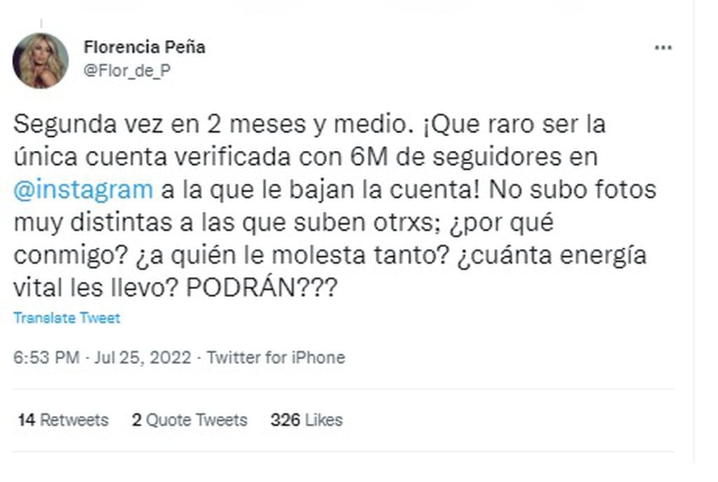 A Flor Peña le volvieron a suspender la cuenta de Instagram