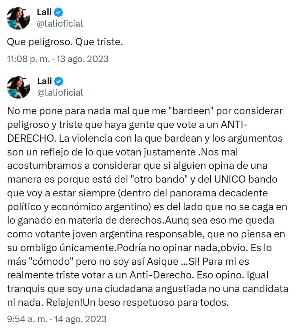 Los tuits de Lali Espósito. 