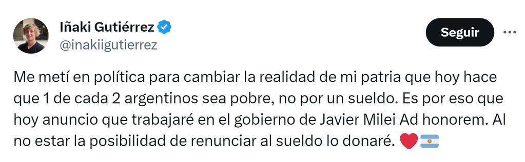 Iñaki Gutiérrez trabajará para el gobierno de Javier Milei - X