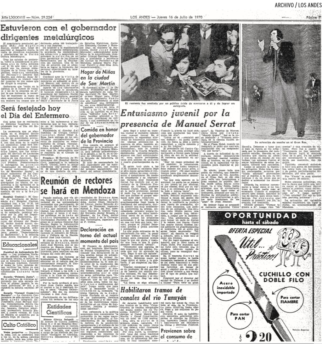 
La crónica de archivo. Así luce la página donde quedó registrado para la historia la llegada por primera vez de Serrat. | Archivo / Los Andes
   