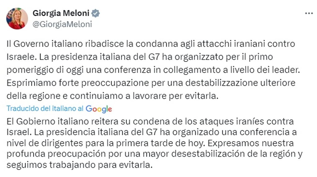 La primera ministra italiana, Giorgia Meloni, cuyo país ocupa la presidencia rotatoria del G7 - X