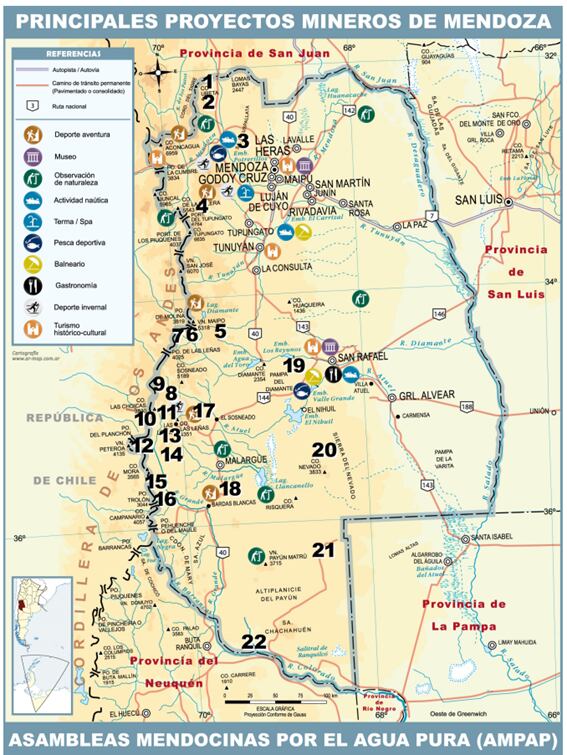 Mapa de proyectos mineros realizado por las Asambleas Mendocinas por el Agua Pura (AMPAP)