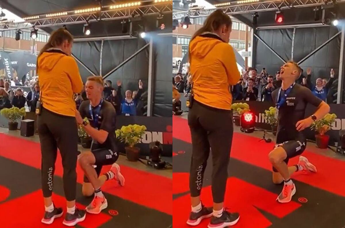 El triatleta español Moriatiel se fue de rodillas tras la llegada del Ironman de Tallin, provocándole un calambre.