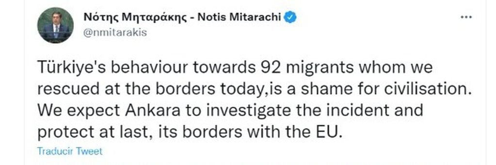 El tuit de Notis Mitarachi, Ministro griego de migración y asilo