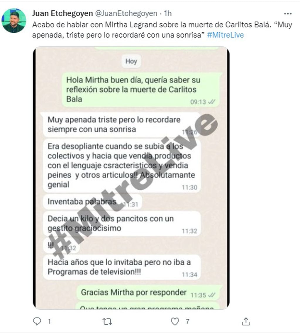 El mensaje de Mirtha Legrand tras la muerte de Carlitos Balá (Twitter @JuanEtchegoyen)