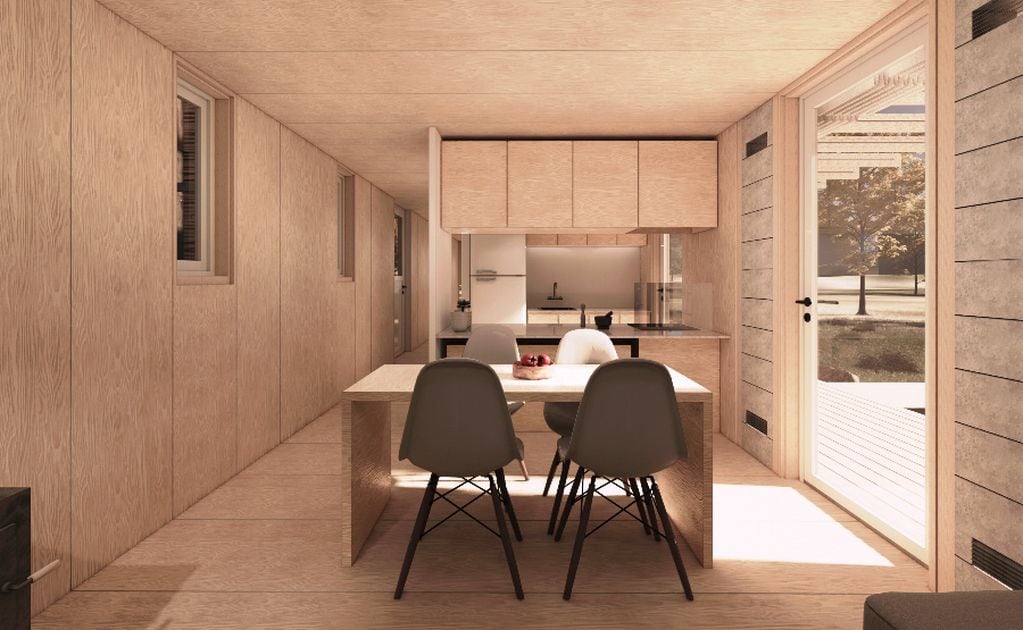 Modelo del interior de una de las viviendas diseñadas para familias sin techo seguro y afectadas por la pandemia.