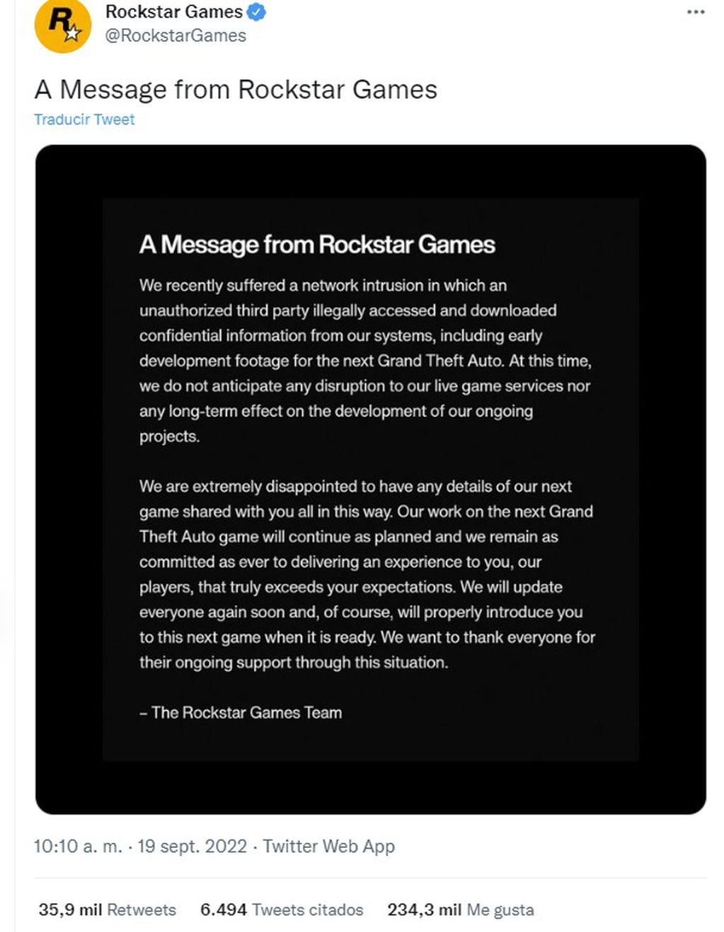 El mensaje de Rockstar Games tras las filtraciones del GTA 6 (Twitter)
