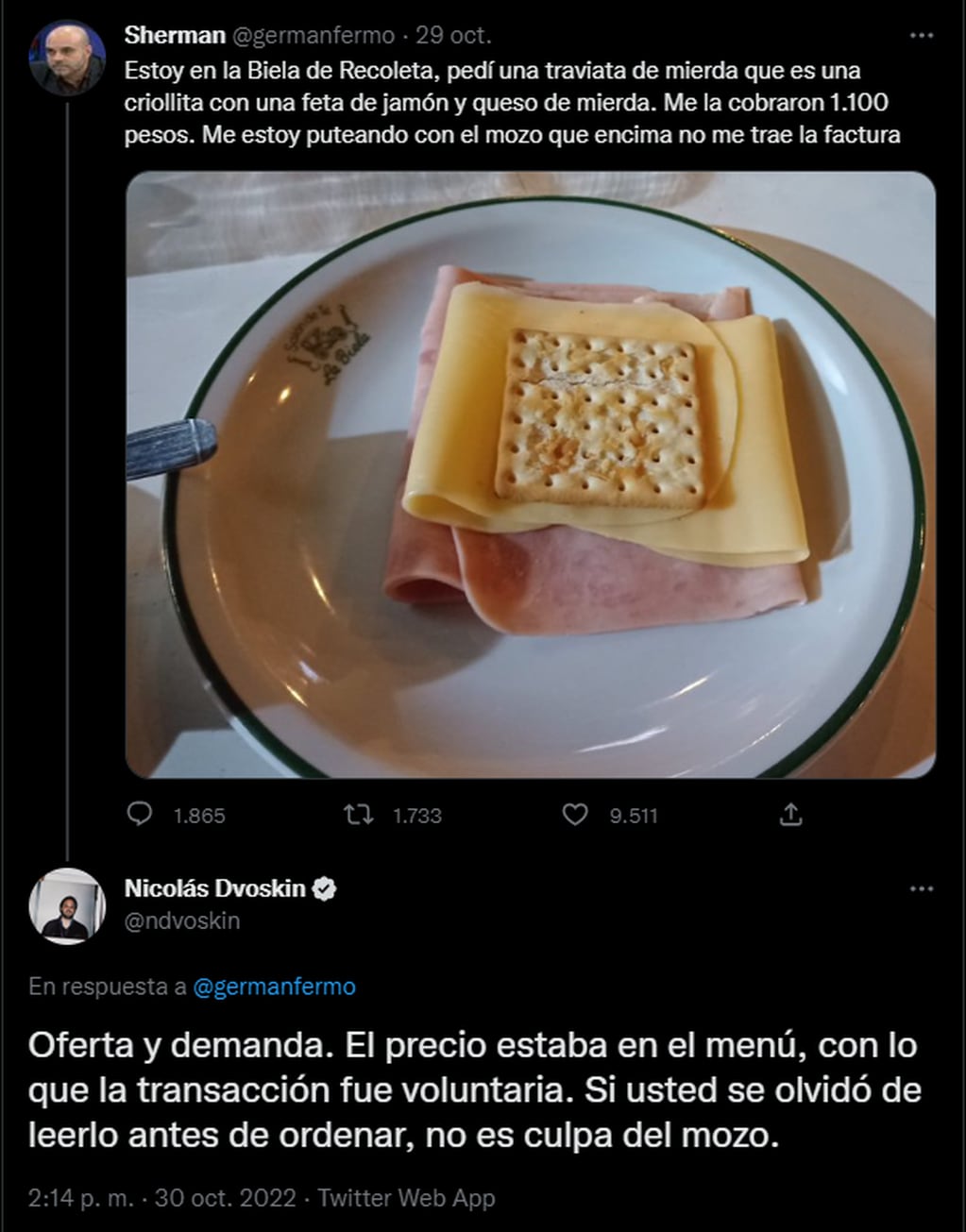 Pidió un sánguche de jamón y queso entre dos galletas, le cobraron 1.100 pesos, se quejó en las redes y fue viral. Foto: Twitter