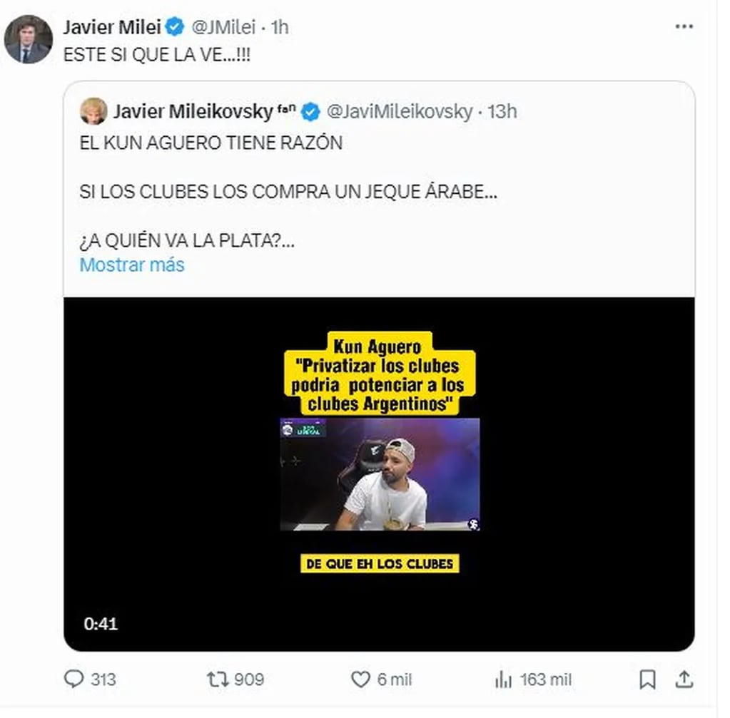 La respuesta de Javier Milei al Kun Agüero en redes sobre las Sociedades Anónimas al fútbol argentino. Gentileza: Captura X @JMilei.