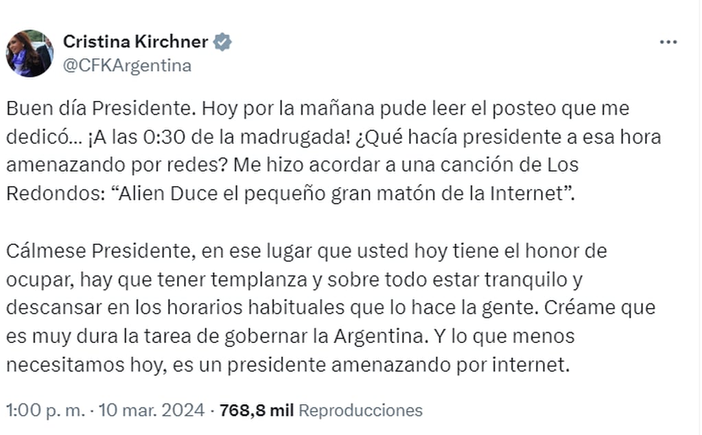 Cristina Kirchner habló de amenazas luego de que Javier Milei propusiera quitarle la jubilación de privilegio - X