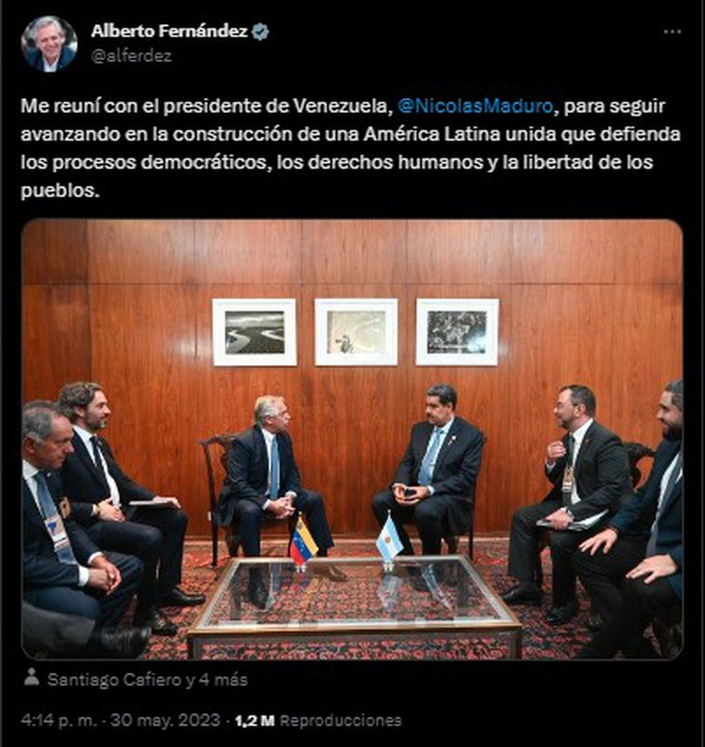 El tuit de Alberto Fernández junto a Nicolás Maduro. Foto: captura de pantalla.