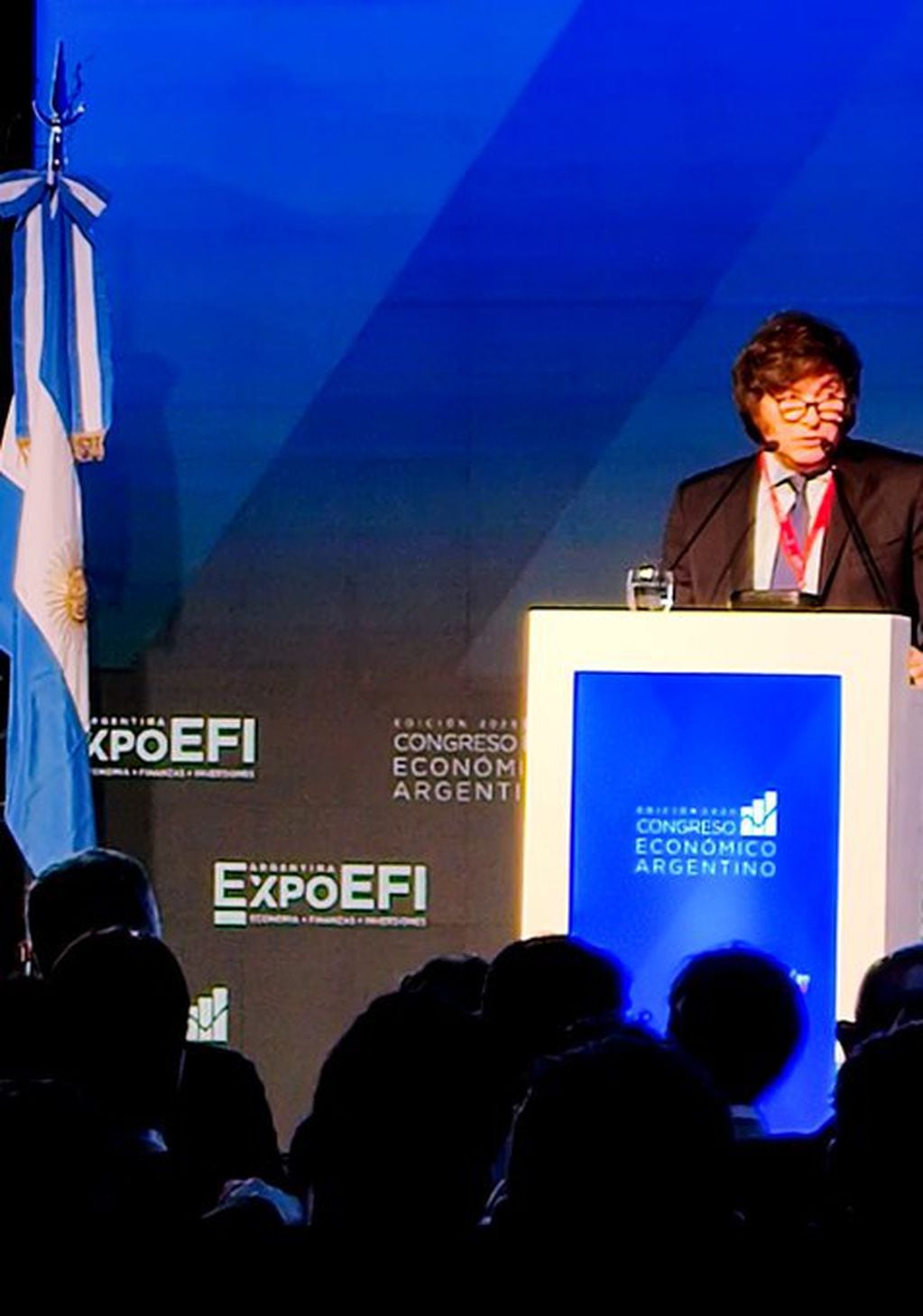 El candidato presidencial de La Libertad Avanza durante su discurso en la Expo EFI, en La Rural. Foto: Twitter / @EleoValentini