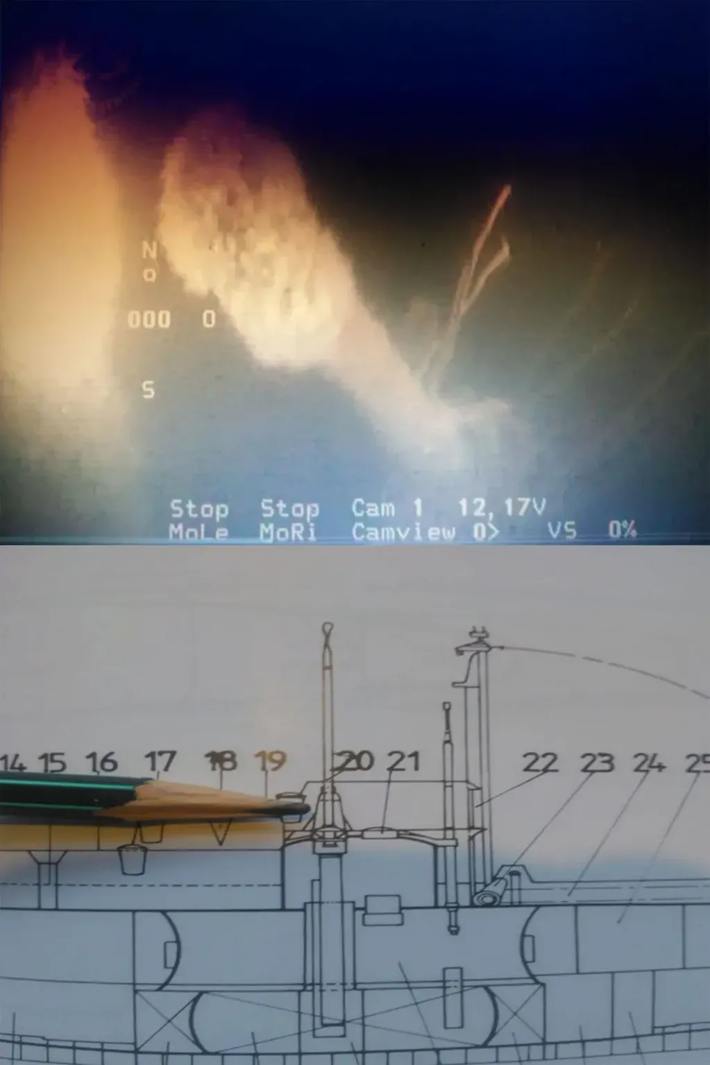 El periscopio del submarino hallado cerca de Necochea, una imagen obtenida mediante un ROV (Remotely Operated Vehicle) de la Prefectura Naval Argentina. Abajo: se indica su ubicación, de acuerdo al plano de un submarino alemán. / Foto: Eslabón Perdido