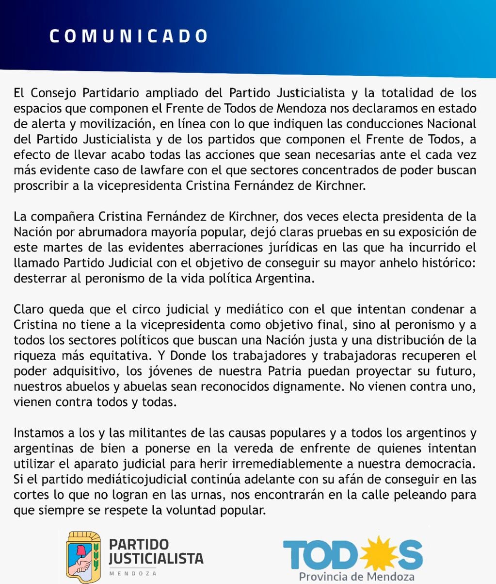 El comunicado del PJ mendocino sobre la situación de Cristina Kirchner.