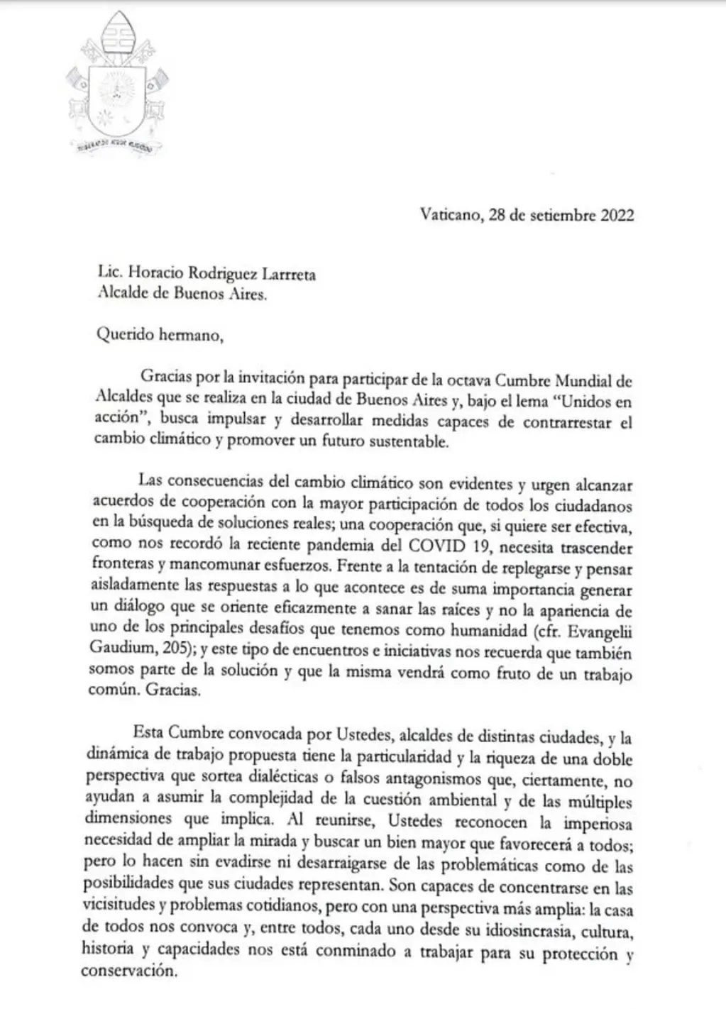 Carta del Pontífice a Rodríguez Larreta, en la cual pidió por el cambio climático y un trabajo colaborativo.