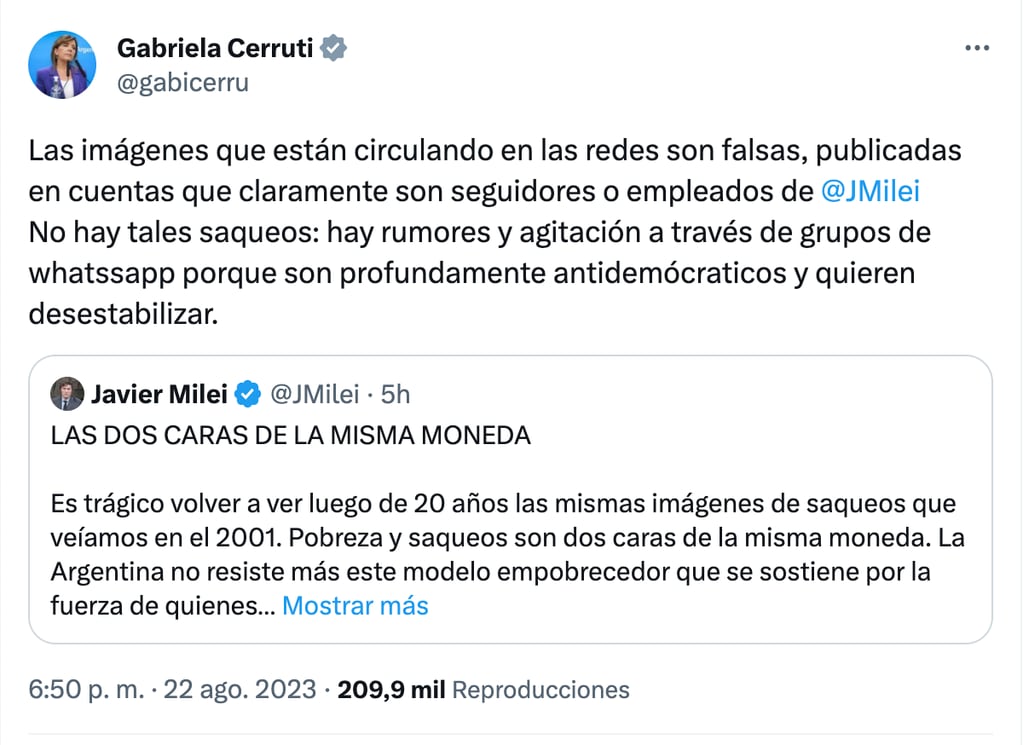La portavoz del gobierno, Gabriela Cerruti, apuntó contra Javier Milei por los mensajes de saqueos que circulan por redes
