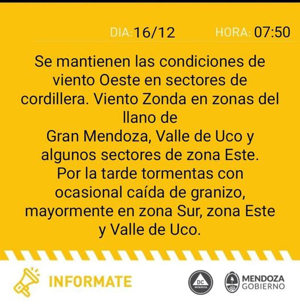Alerta de Defensa Civil de Mendoza. Foto: Facebook / Defensa Civil Mendoza