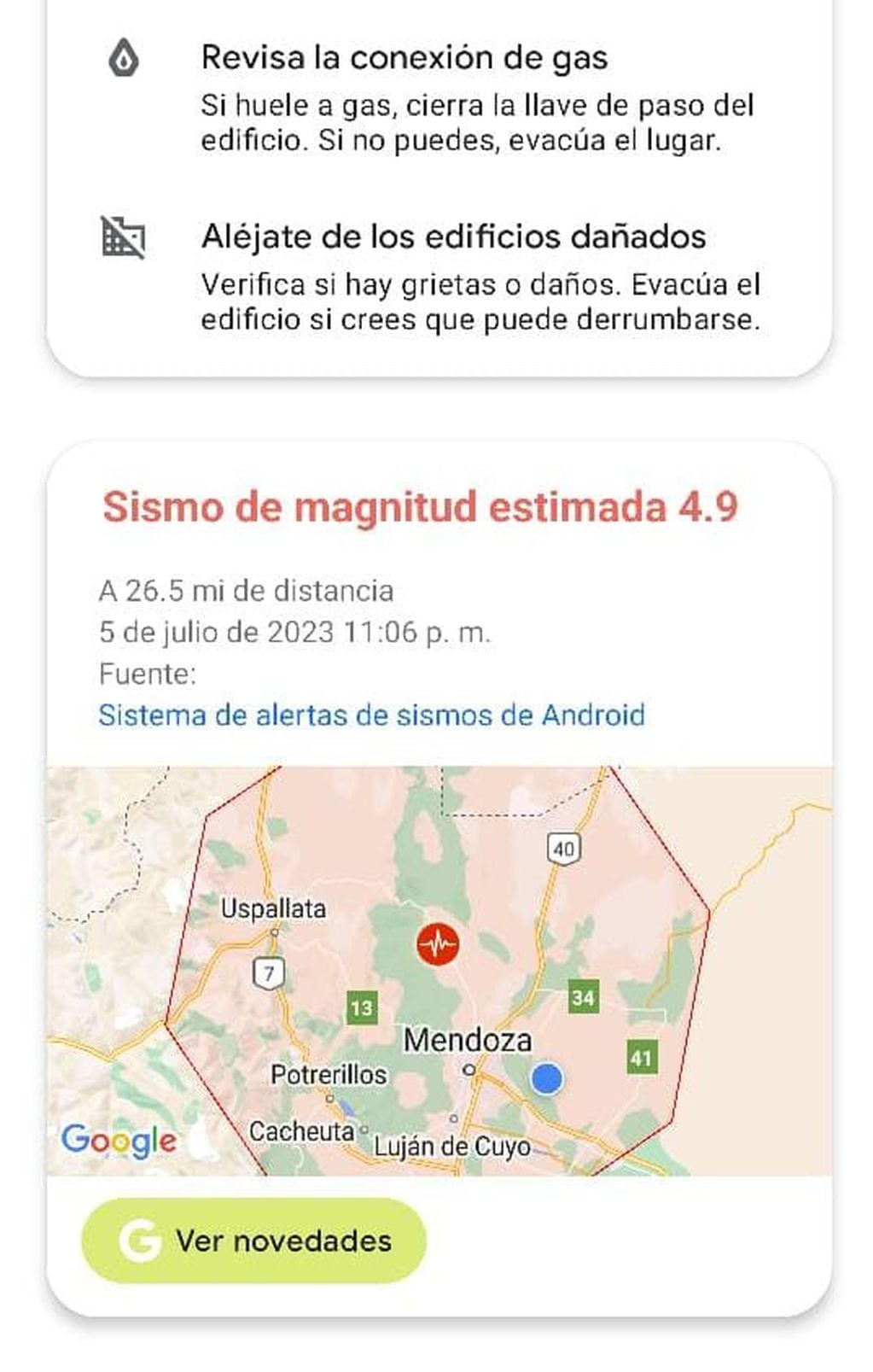 Android envió a sus usuarios un alerta con información de la magnitud y el epicentro del temblor.