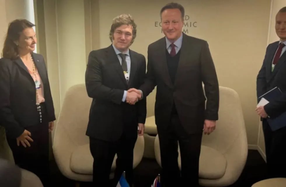 El presidente Javier Milei junto al canciller británico David Cameron en Davos.
