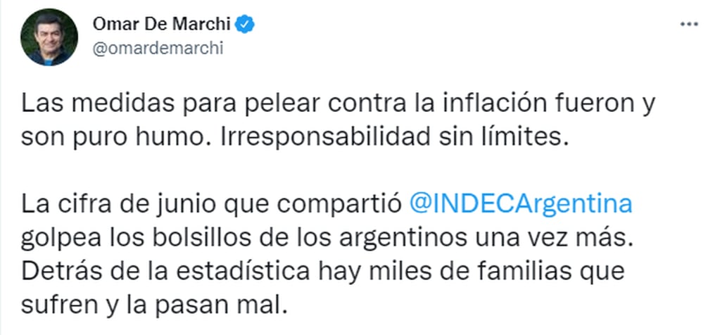 Omar De Marchi, dirigente del Pro, criticó las medidas económicas.