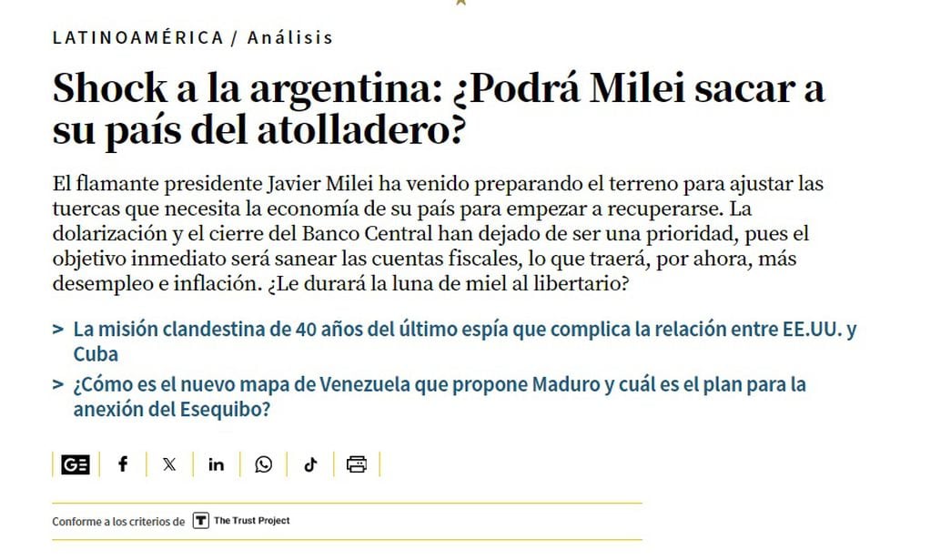La asunción presidencial de Javier Milei en El Comercio (Perú)