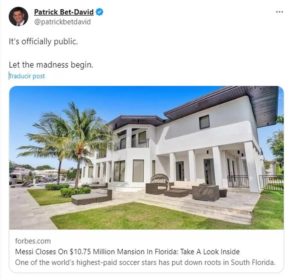El posteo de Patrick Bet-David, el dueño de la casa más cara del nuevo barrio de Messi