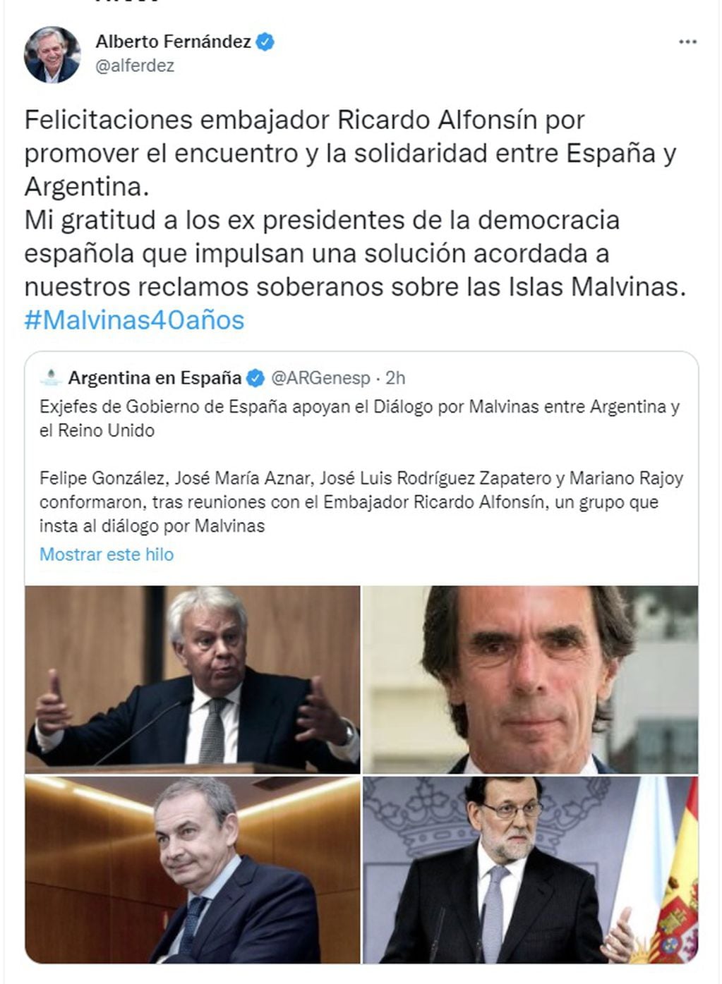 Alberto agradeció el apoyo e ex presidentes españoles por Malvinas