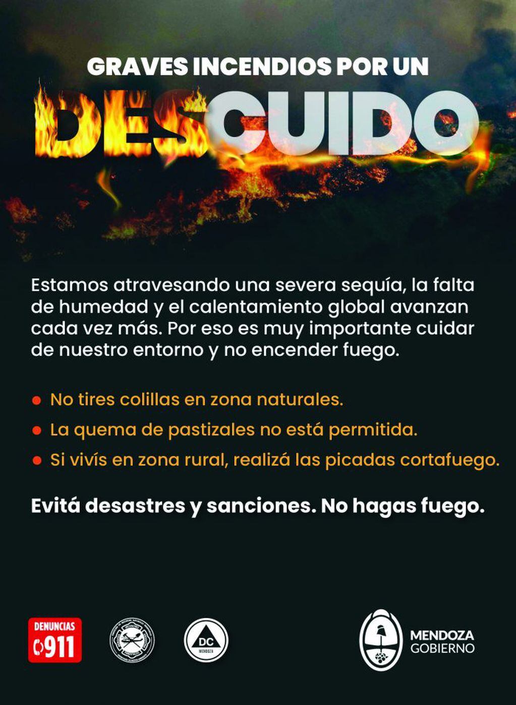 Comunicado de Prensa para evitar incendios. Foto: Gobierno de Mendoza
