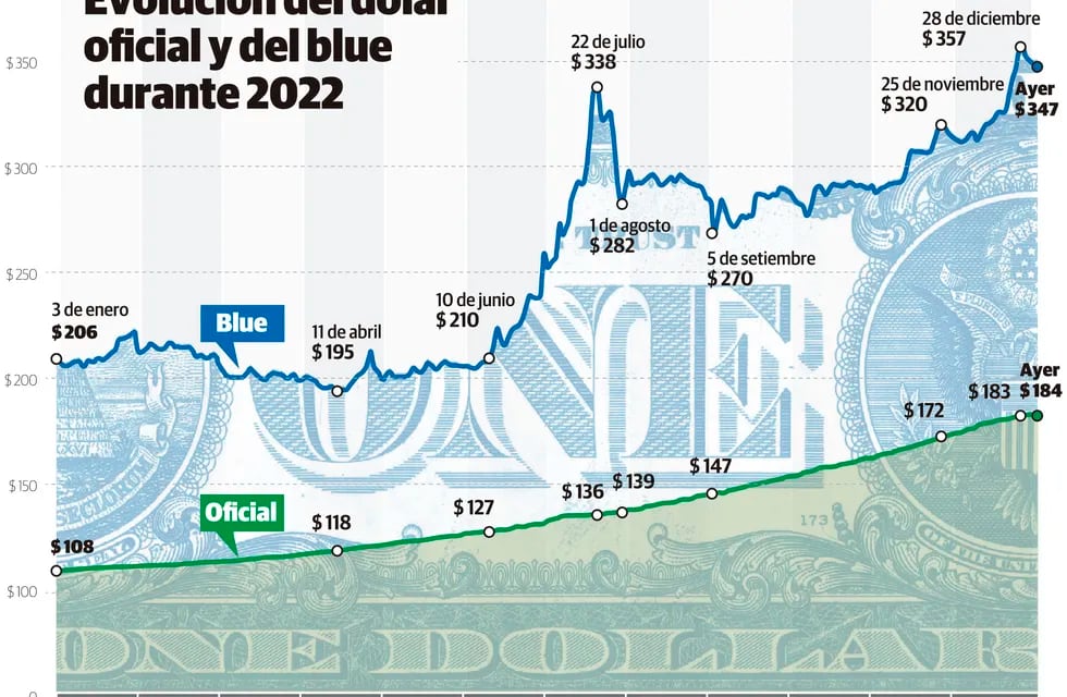 Evolución del dólar oficial y del blue en 2022. Gustavo Guevara.
