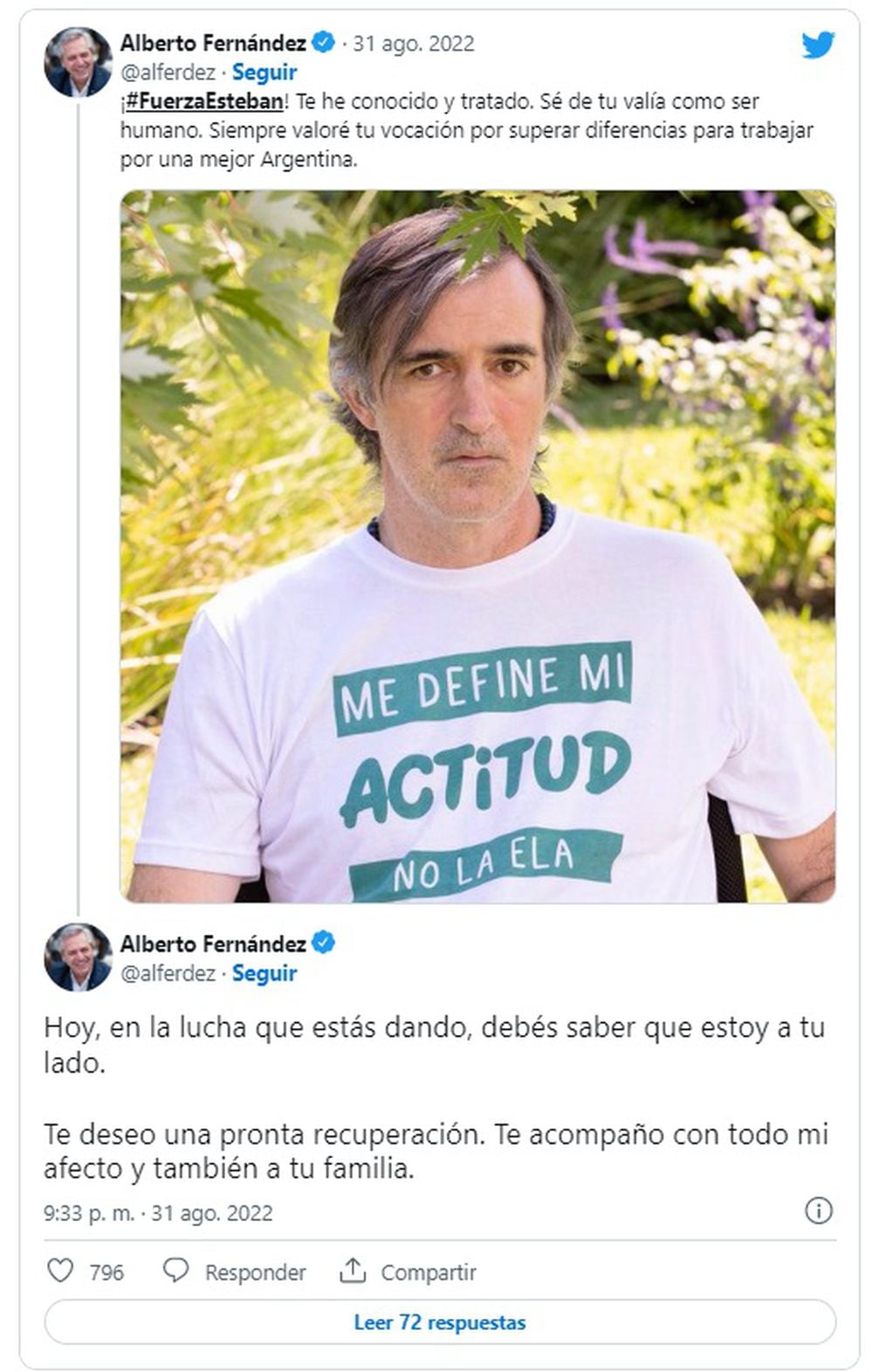 Alberto Fernández le envió un mensaje de apoyo a Esteban Bullrich (Twitter @alferdez)