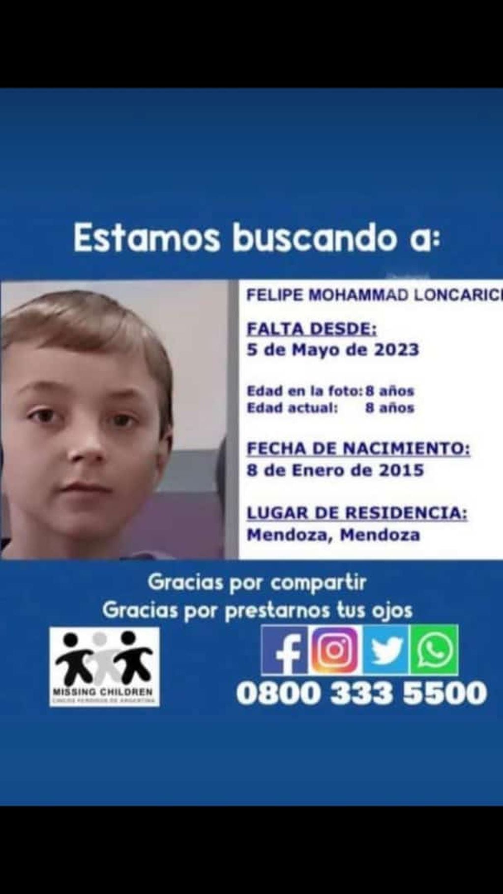 Felipe Mohammad Locarich tiene 8 años.