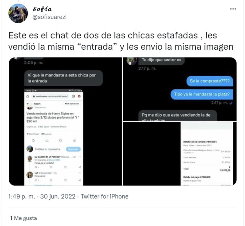 Los chats que aportó Sofía Suárez contra una "amiga" que usó su nombre y fotos para estafar gente (Twitter @sofisuarezl)