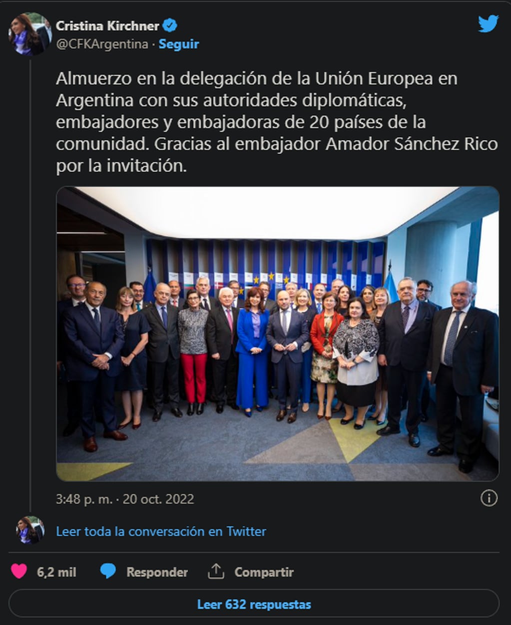 La vicepresidenta Cristina Fernández de Kirchner compartió este jueves un almuerzo con los embajadores. Foto: Web