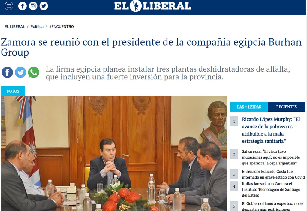 Captura de la nota en el diario El Liberal, de Santiago del Estero; donde se informa del encuentro entre el gobernador Zamora y Khalifa. 