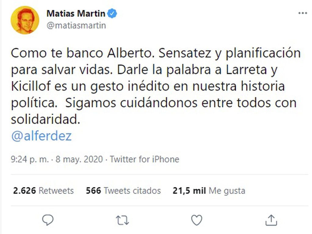 El tuit de Matías Martin que reflotaron - 