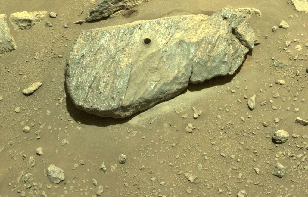 Esta imagen provista por la NASA muestra un agujero taladrado por el explorador Perseverance durante su segundo intento de recolección de muestras en el cráter Jezero de Marte. / Foto: AP