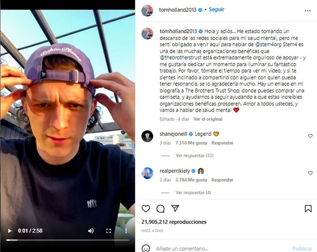 Tom Holland subió un video a Instagram explicando que deja las redes sociales por cuestiones de "salud mental".