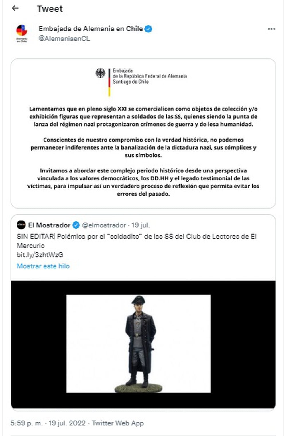 La Embajada de Alemania en Chile a través de Twitter dio a conocer su comunicado. 