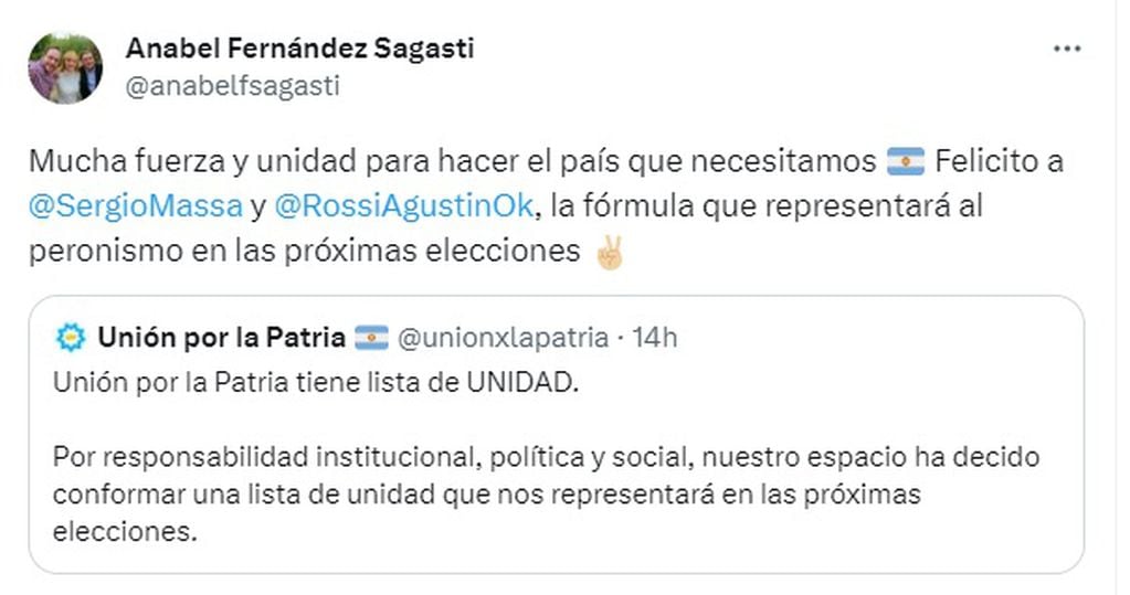 La senadora nacional Anabel Fernández Sagasti se expresó por el anuncio de la candidatura de Sergio Massa,
