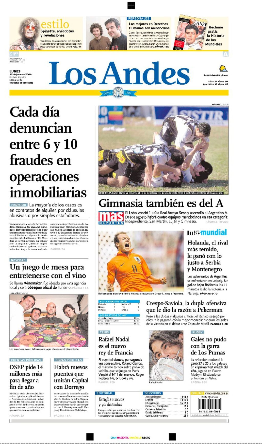 Tapa del Diario Los Andes del día 12 de junio de 2006.