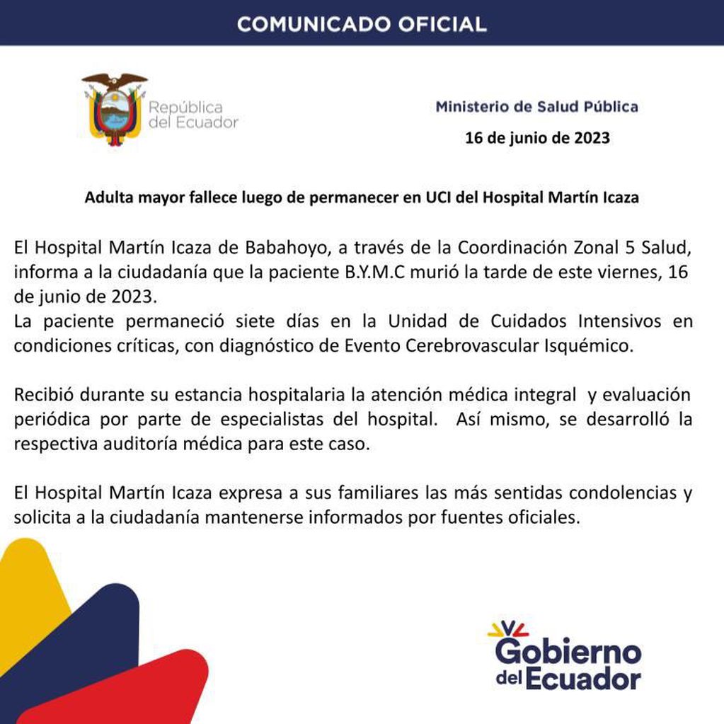 Comunicado oficial de la cartera de Salud ecuatoriana. Foto: Ministerio de Salud de Ecuador / Twitter