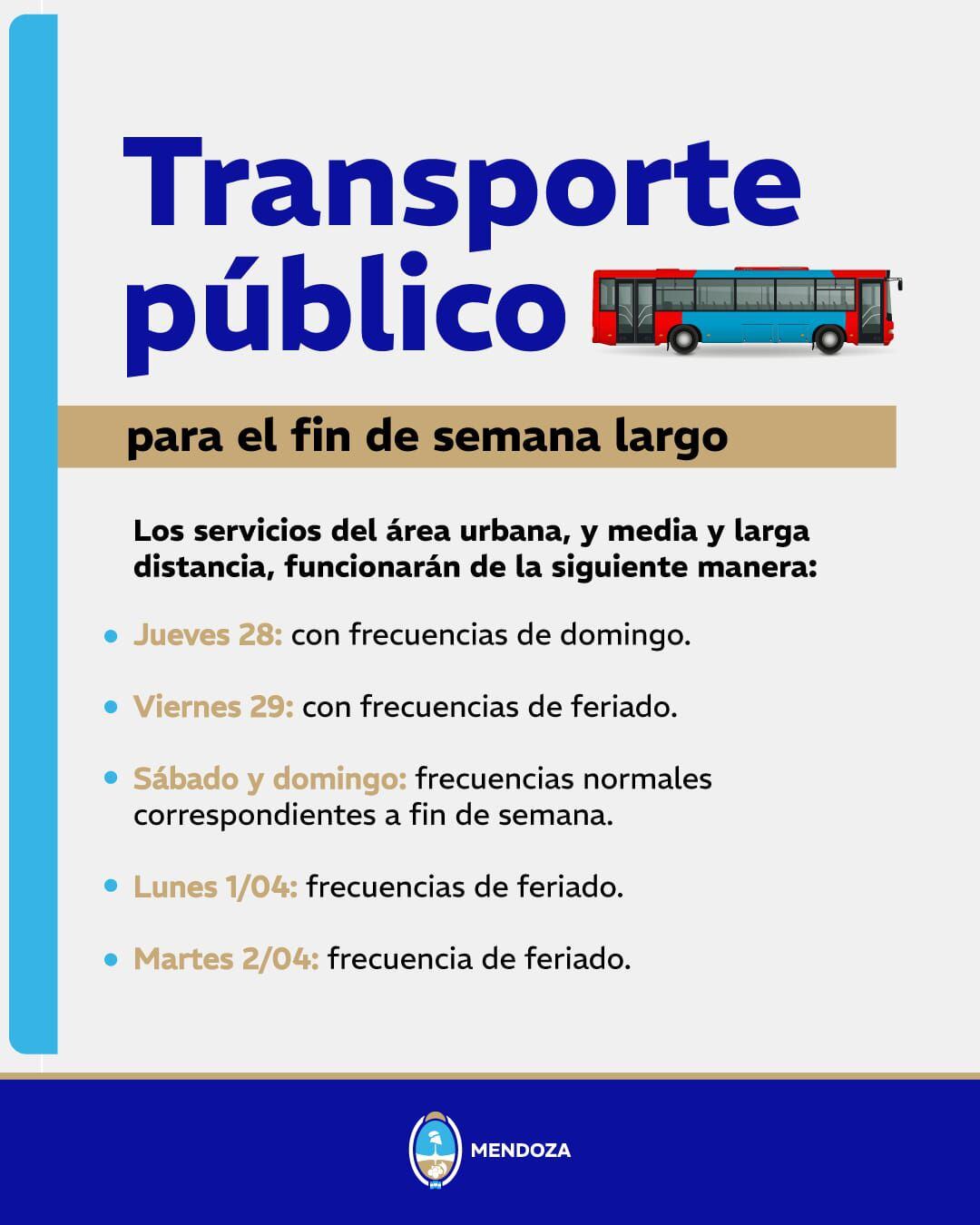 Frecuencias del transporte público durante el fin de semana largo. Foto: Gobierno de Mendoza.
