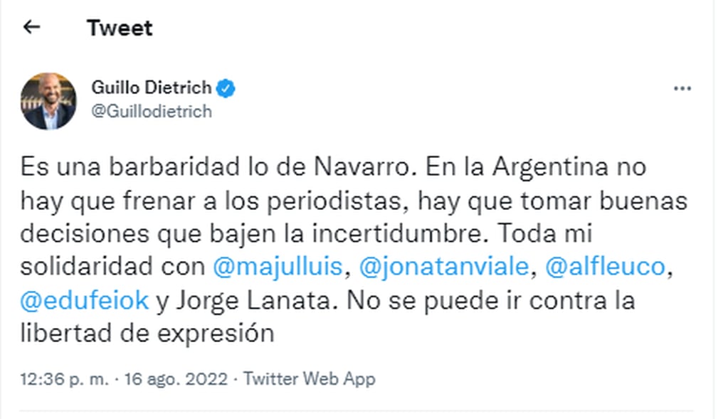 Guillermo Dietrich repudió las declaraciones de Roberto Navarro.