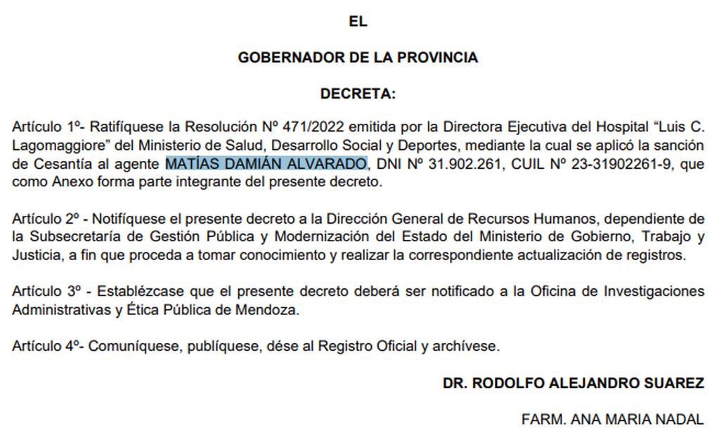 El comunicado de cesantía a Matías Damián Alvarado. Foto Captura: Boletín Oficial Gobierno de Mendoza