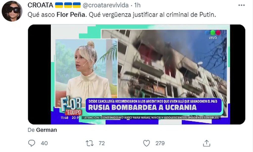 Polémica en redes sociales por las declaraciones de Flor Peña sobre el conflicto Rusia-Ucrania. / Twitter